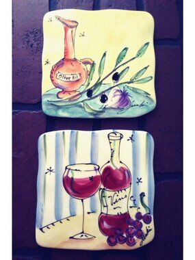 2 Julia Junkin Trivets Tuscany Life of an Olive Red Wine 6.5" Square Hanging EUC